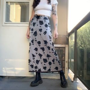 Vintage Rose Print Shimmery Maxi Skirt Lace Trim